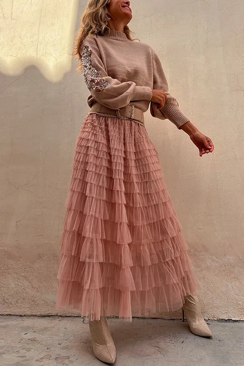 Mixiedress Tulle Layered Ruffle Mesh Maxi Skirt