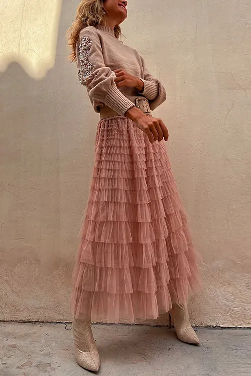 Mixiedress Tulle Layered Ruffle Mesh Maxi Skirt