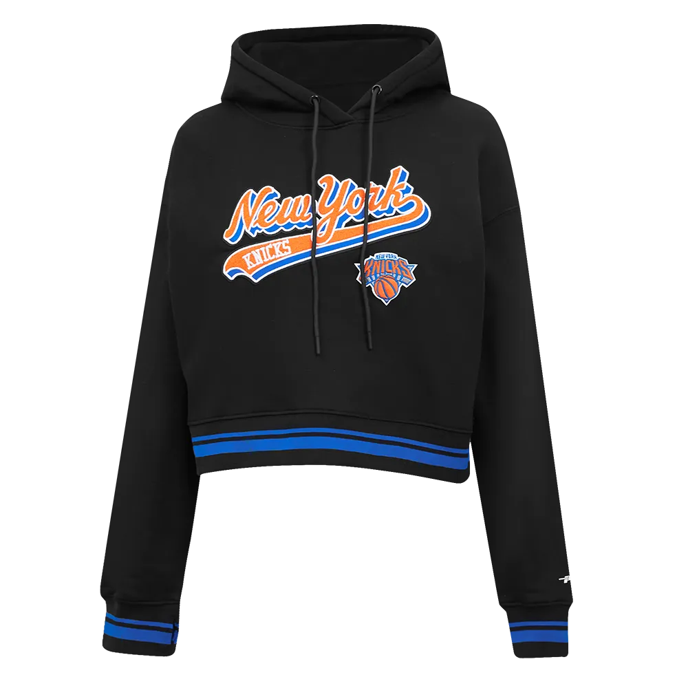 NBA NEW YORK KNICKS SCRIPT TAIL WOMEN'S RIB FLC CROPPED PO HOODIE (BLACK/ROYAL BLUE/BLACK)