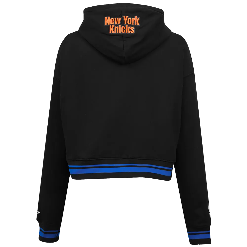 NBA NEW YORK KNICKS SCRIPT TAIL WOMEN'S RIB FLC CROPPED PO HOODIE (BLACK/ROYAL BLUE/BLACK)