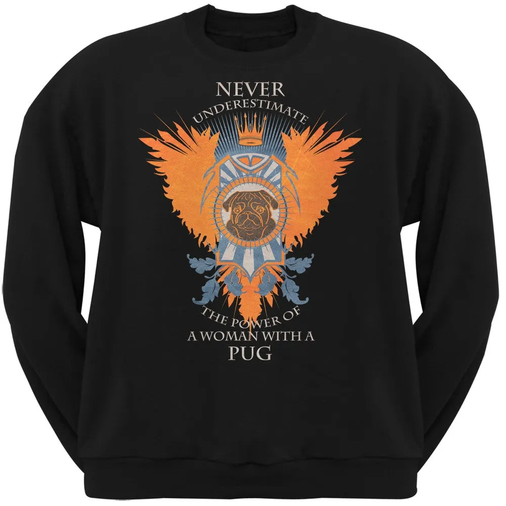 Never Underestimate Woman Power Pug Black Adult Pullover Hoodie