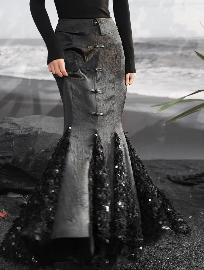 New Chinese Style: Exquisite and elegant sequined feather satin skirt suit with dark fishtail skirt& black flared sweater top