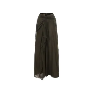 Olive Silk Draped Mid-Length Skirt