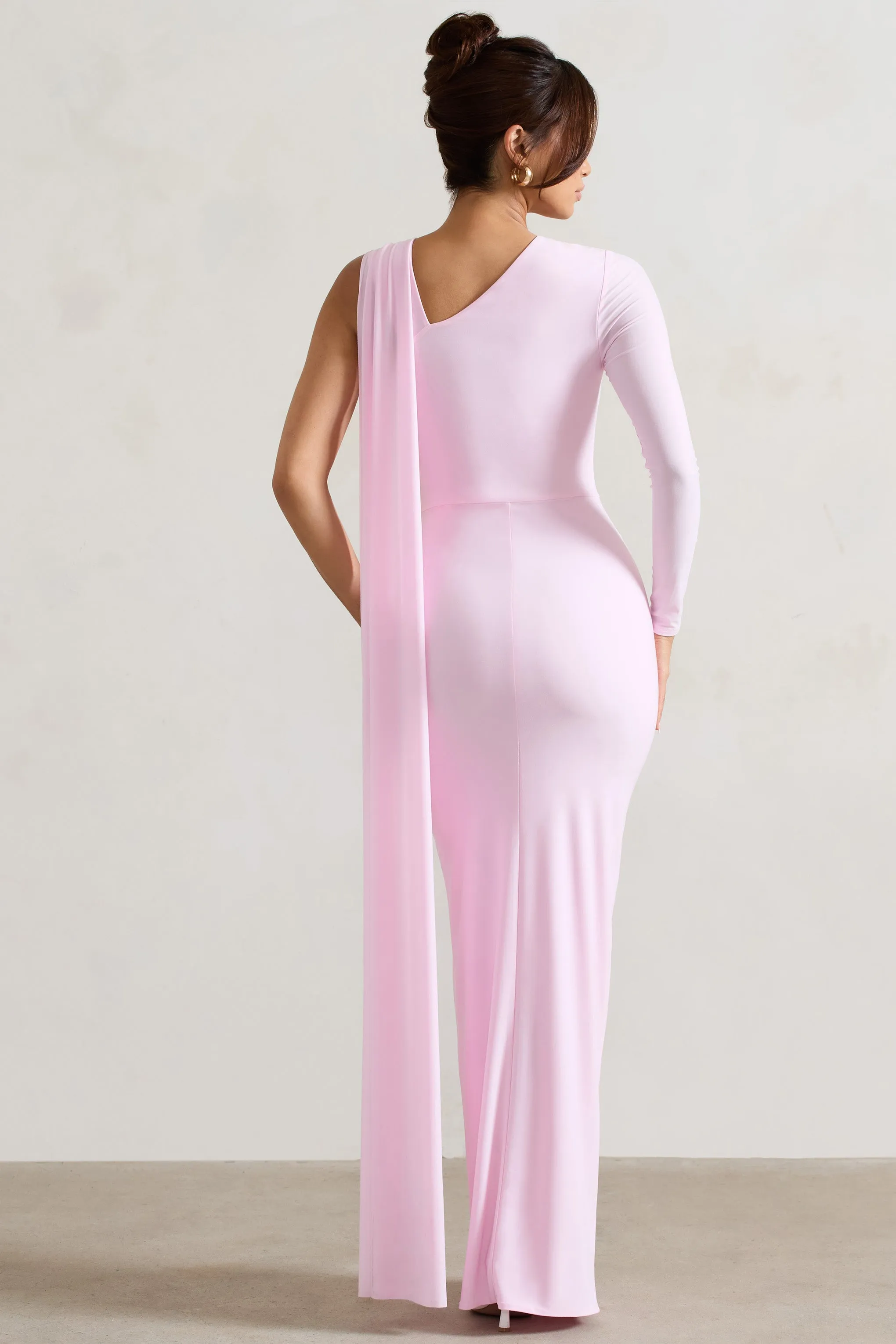 Padua | Pink Asymmetric One-Sleeve Wrap Maxi Dress With Sash