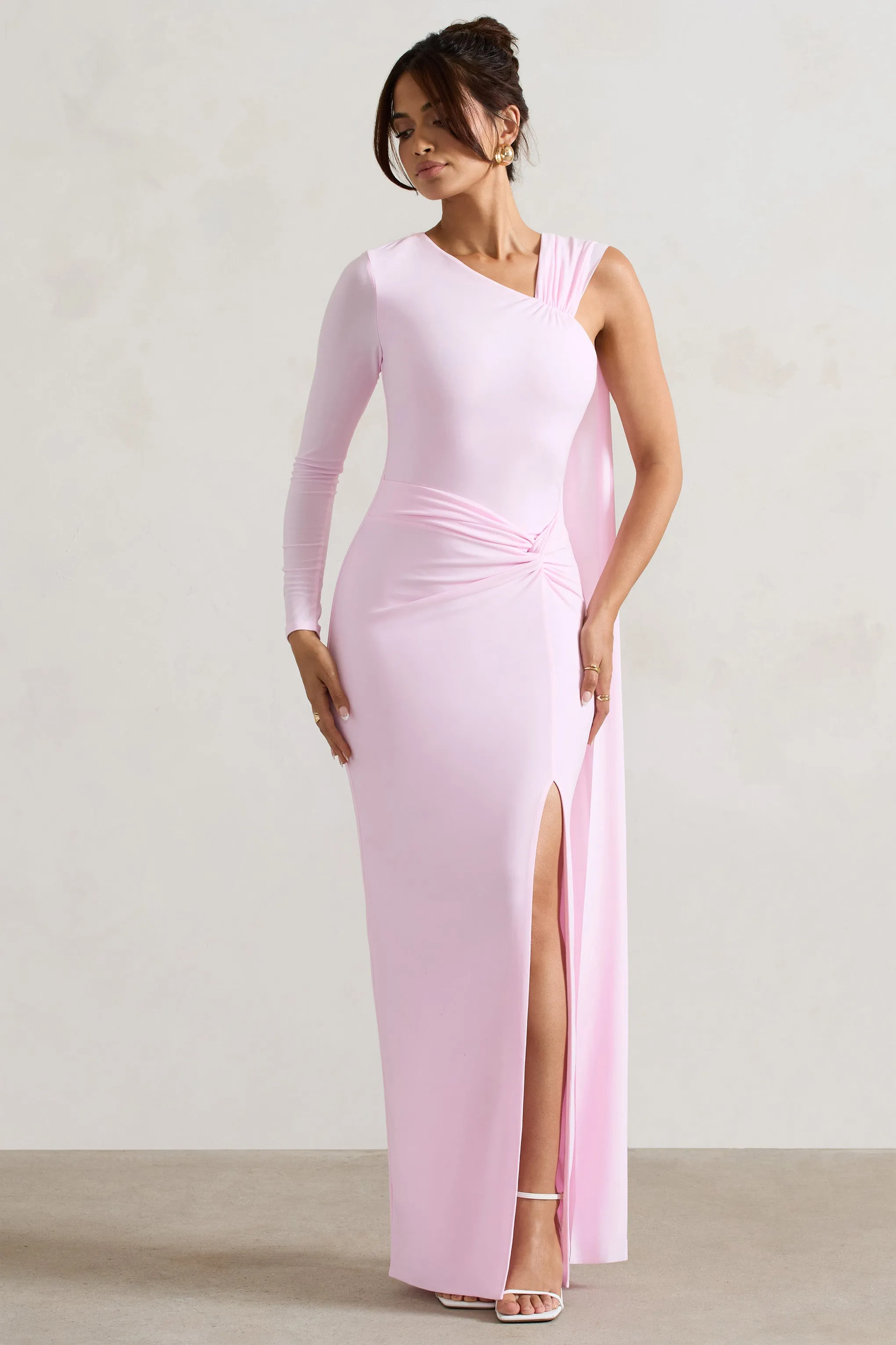 Padua | Pink Asymmetric One-Sleeve Wrap Maxi Dress With Sash