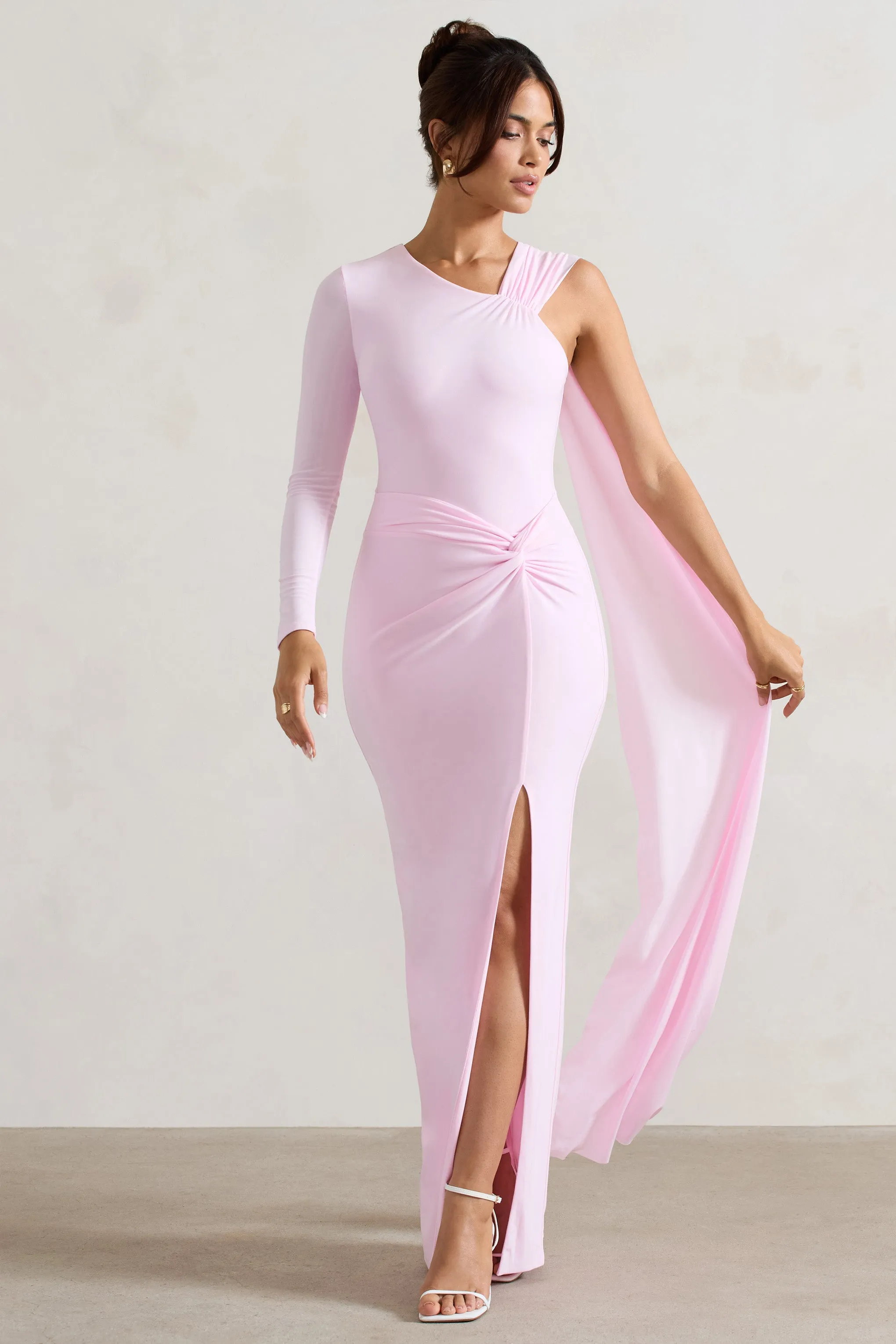 Padua | Pink Asymmetric One-Sleeve Wrap Maxi Dress With Sash