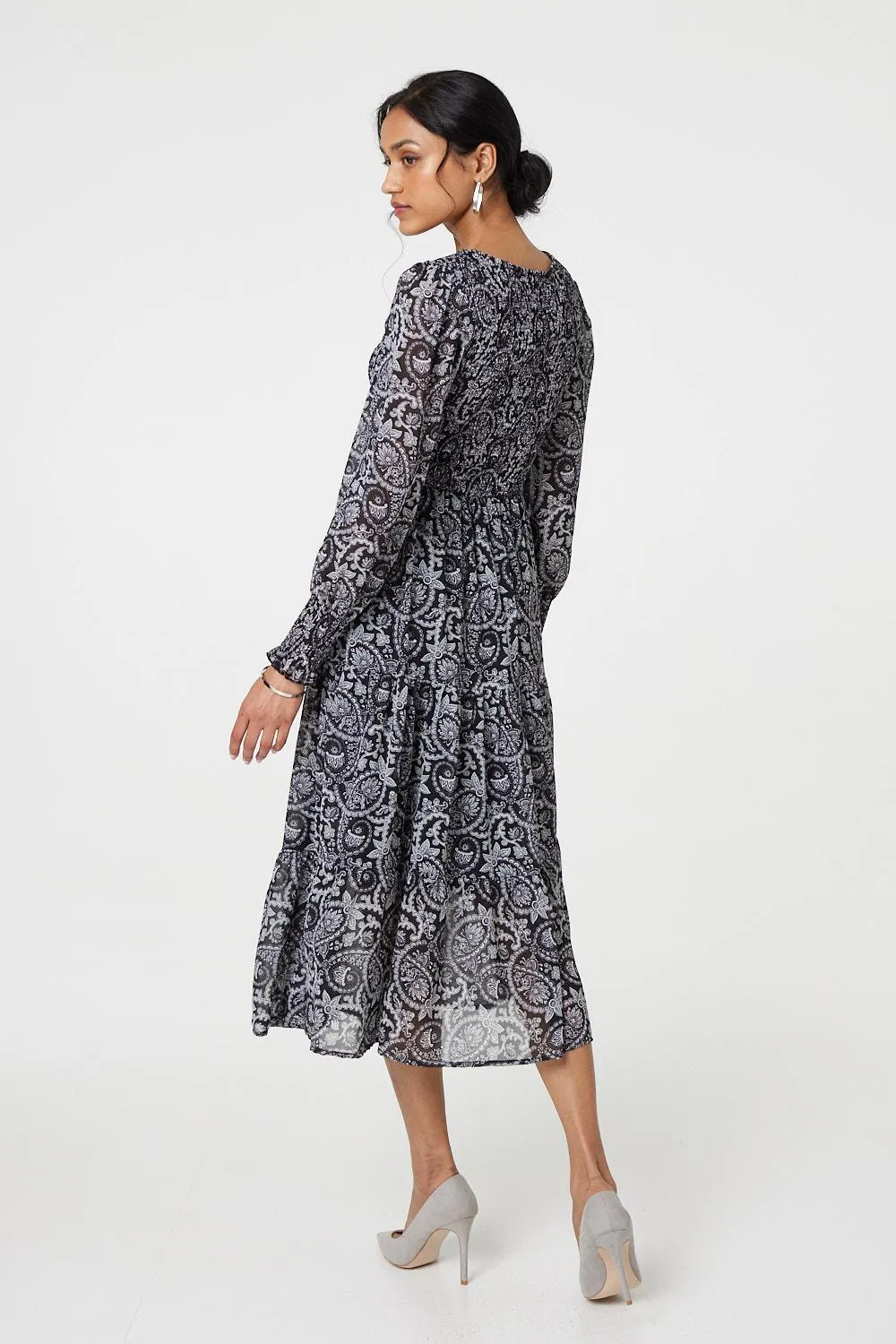 Paisley Long Puff Sleeve Midi Smock Dress