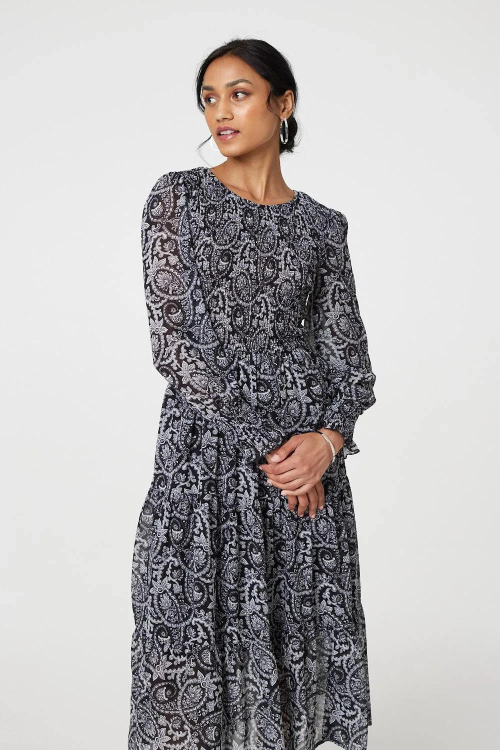 Paisley Long Puff Sleeve Midi Smock Dress