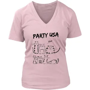 Party USA Shirt Womens V-Neck| Cat Lover T shirts (6 colors)