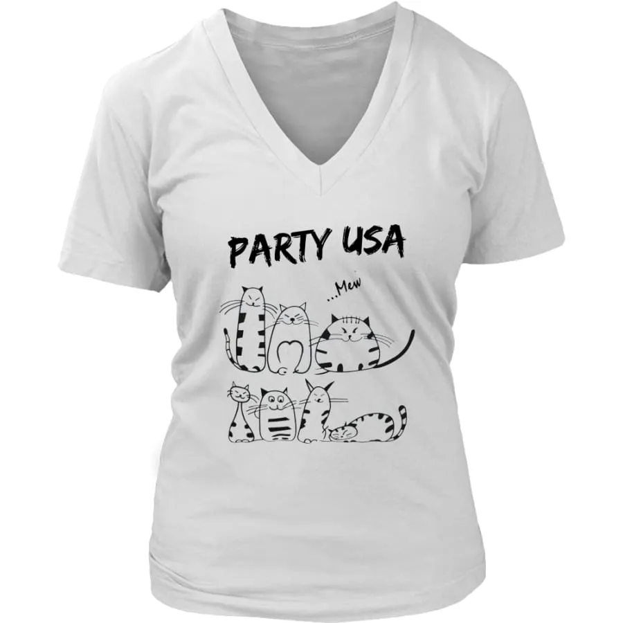 Party USA Shirt Womens V-Neck| Cat Lover T shirts (6 colors)