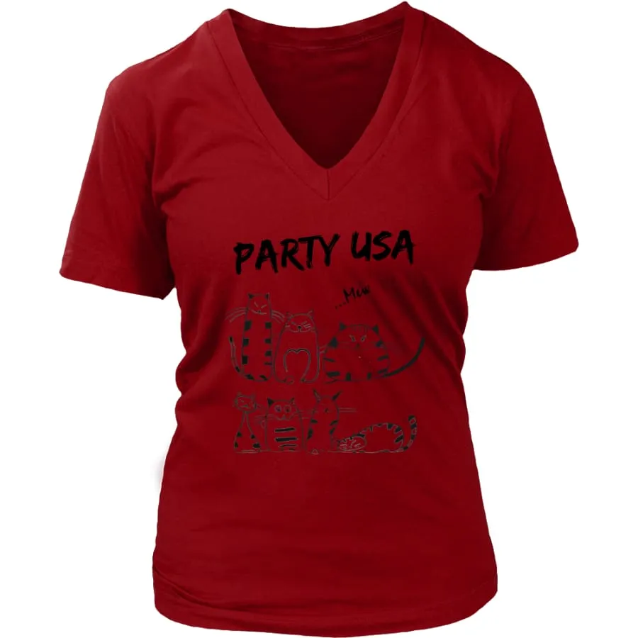 Party USA Shirt Womens V-Neck| Cat Lover T shirts (6 colors)