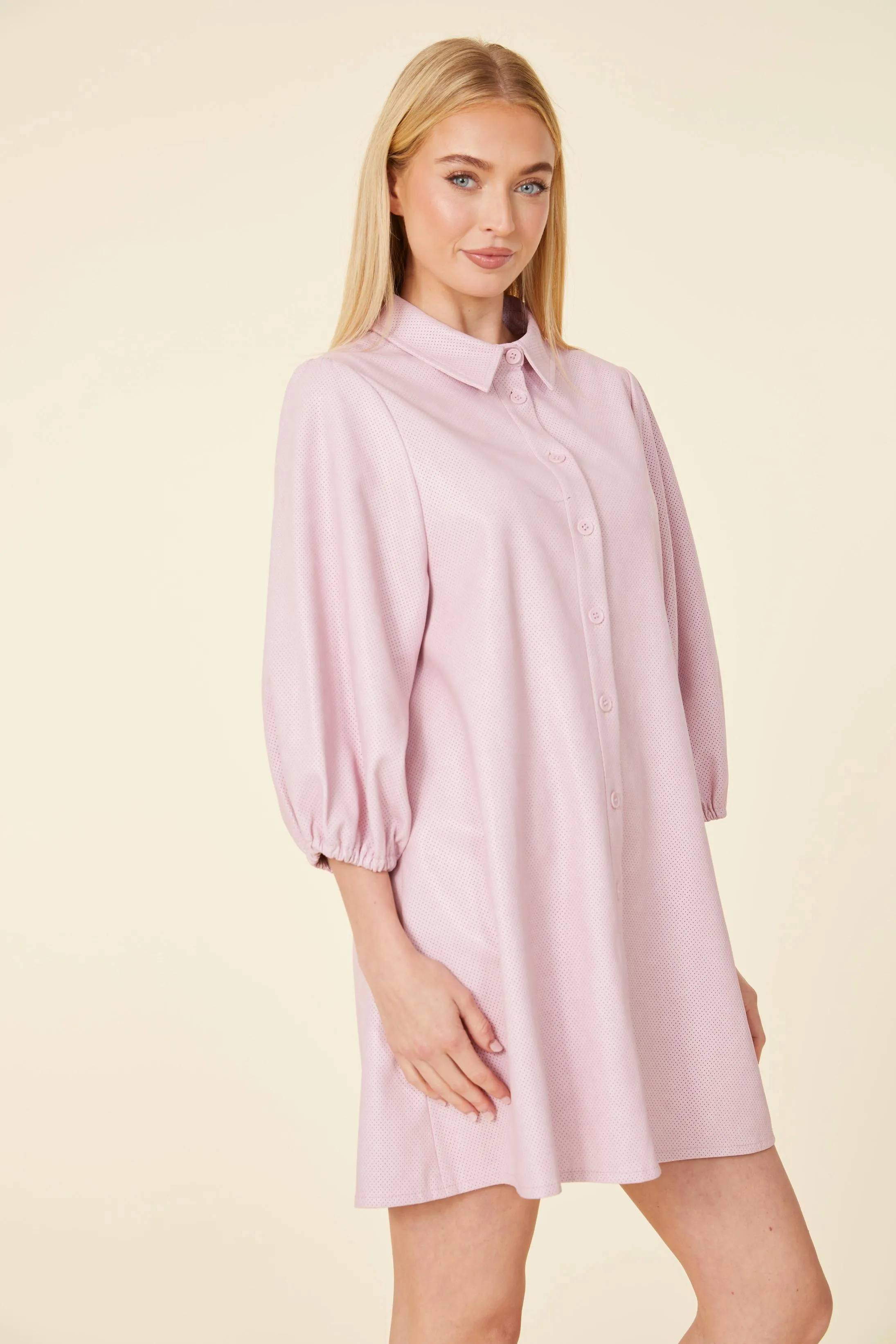 Perforated Vegan Leather Puff Sleeve/ Tunic Dress