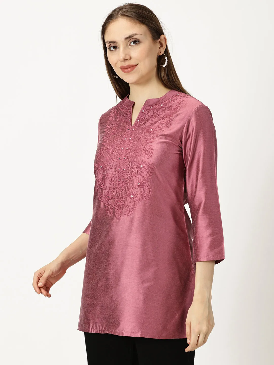 Pink Art Silk Embroidered  Neck Tunic with Mirror Accents