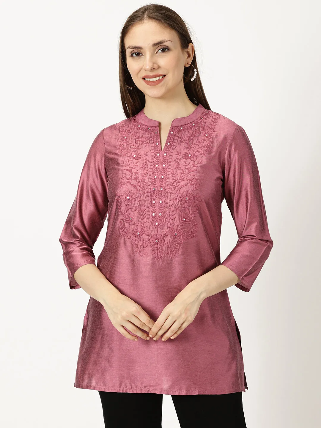 Pink Art Silk Embroidered  Neck Tunic with Mirror Accents