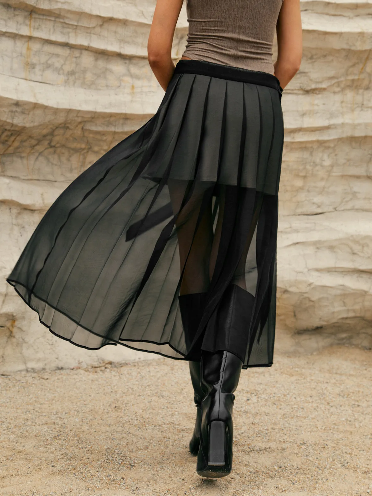 Pleated Double-Layered Graceful Mesh Midi Skirt