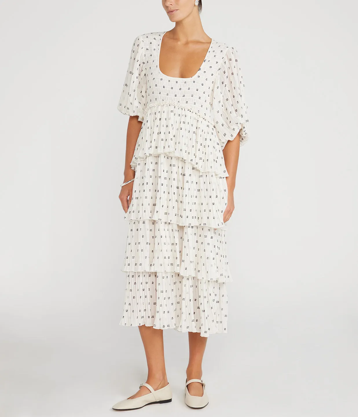 Pleated Georgette Flounce Midi Dress in Egret