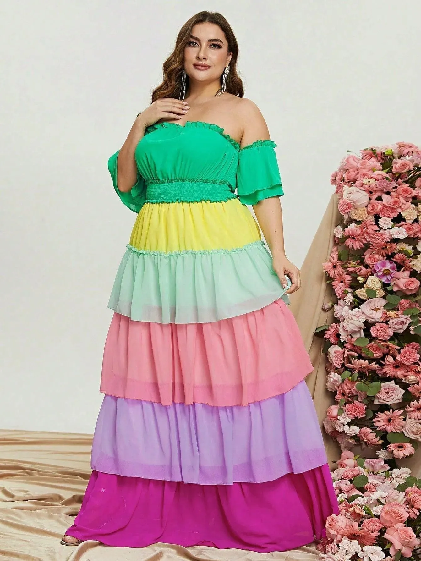 Plus Off Shoulder Ruffle Sleeve Chiffon Layered Dresses