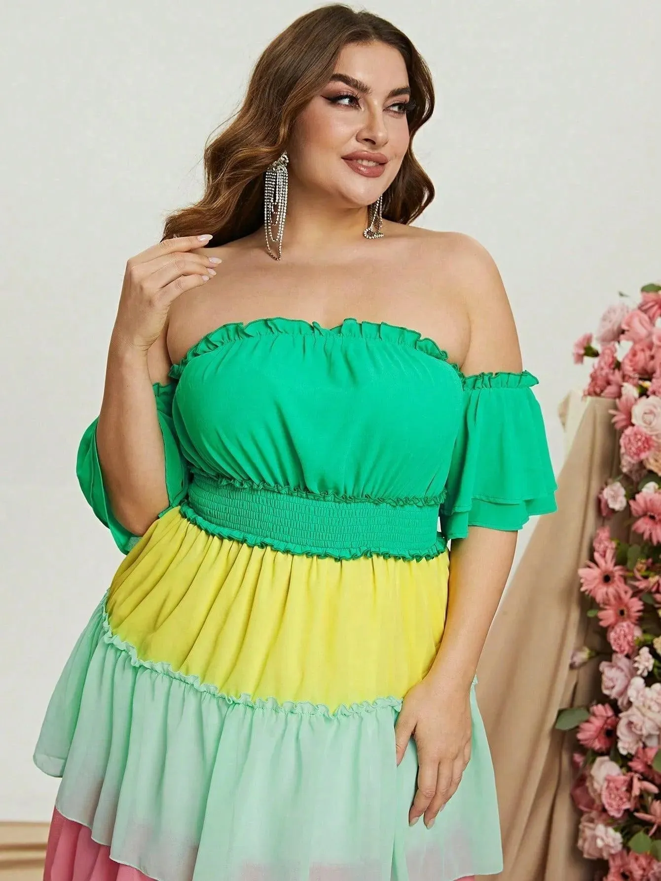 Plus Off Shoulder Ruffle Sleeve Chiffon Layered Dresses