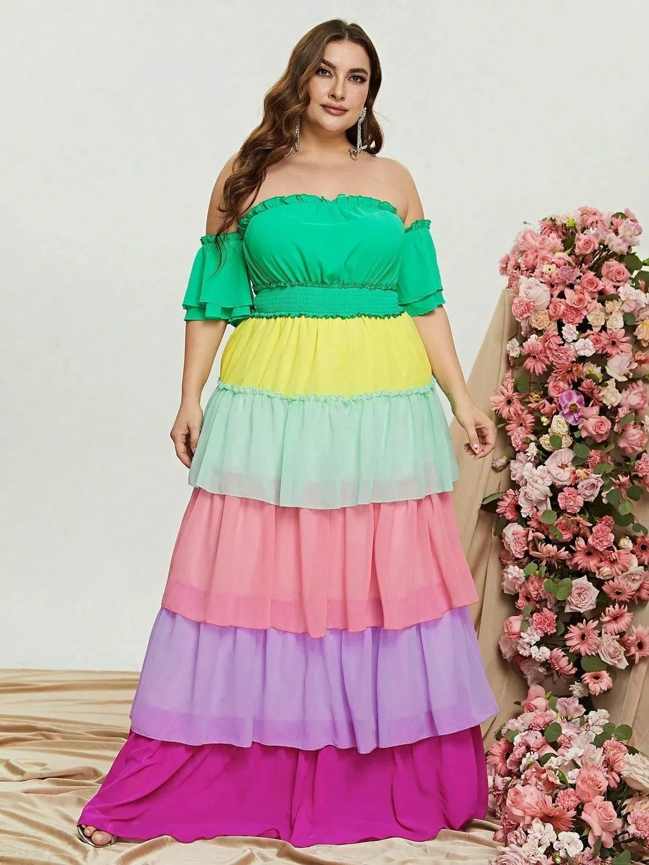 Plus Off Shoulder Ruffle Sleeve Chiffon Layered Dresses