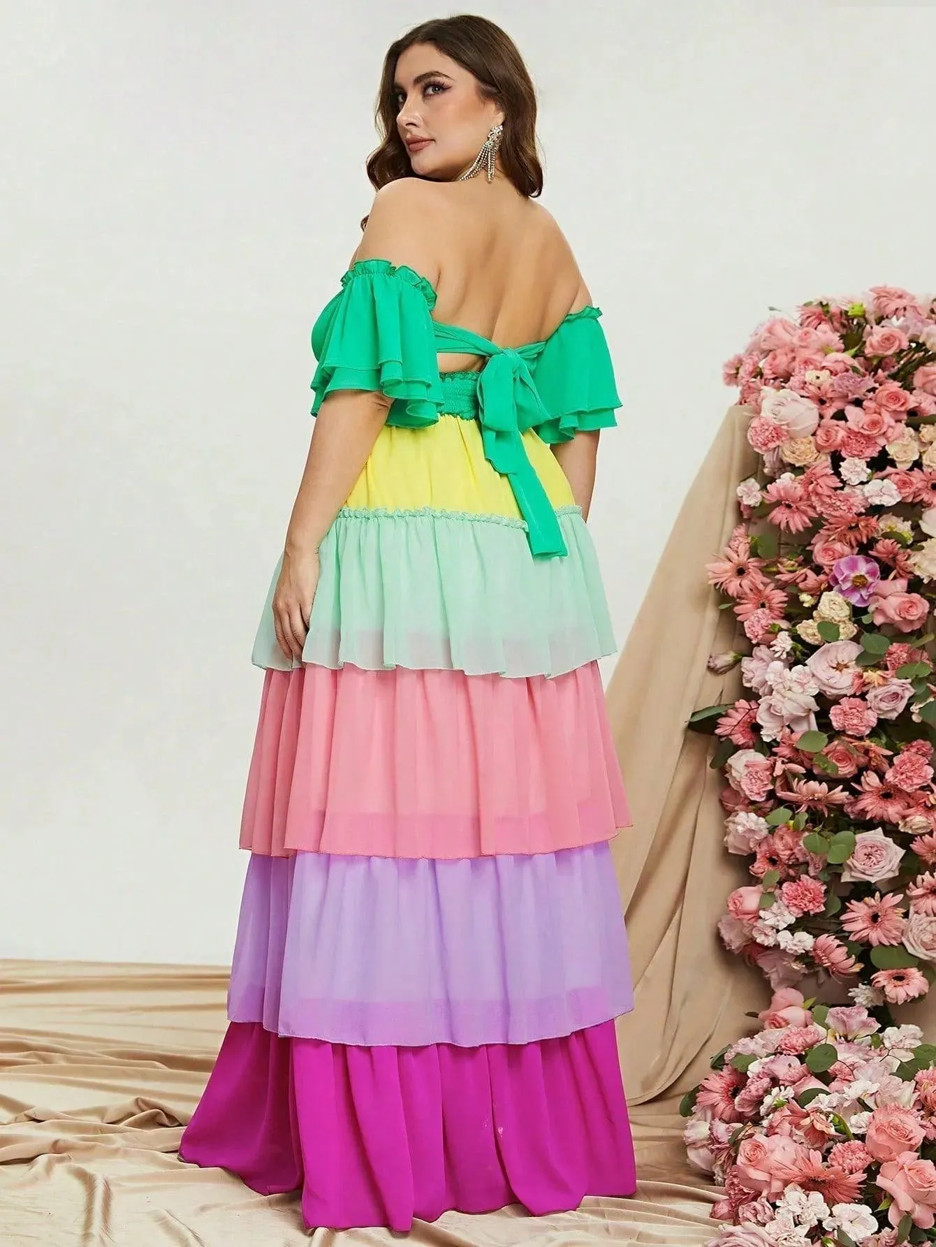 Plus Off Shoulder Ruffle Sleeve Chiffon Layered Dresses