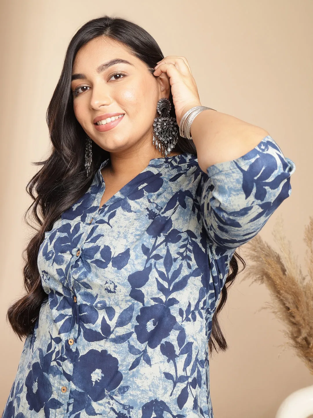 Plus Size Indigo Cotton Floral A-Line Co-ord Set  - By Janasya