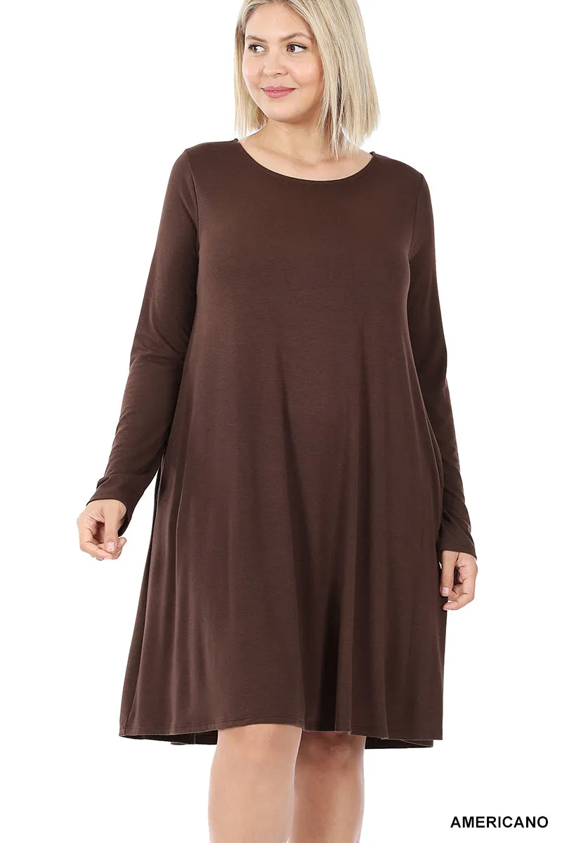 Plus Size Long Sleeve Jersey Flared Swing T-Shirt Tunic Dress with Side Pockets