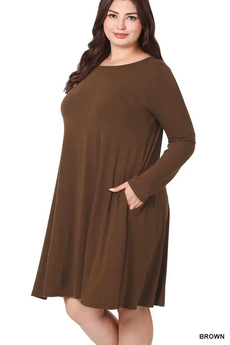 Plus Size Long Sleeve Jersey Flared Swing T-Shirt Tunic Dress with Side Pockets