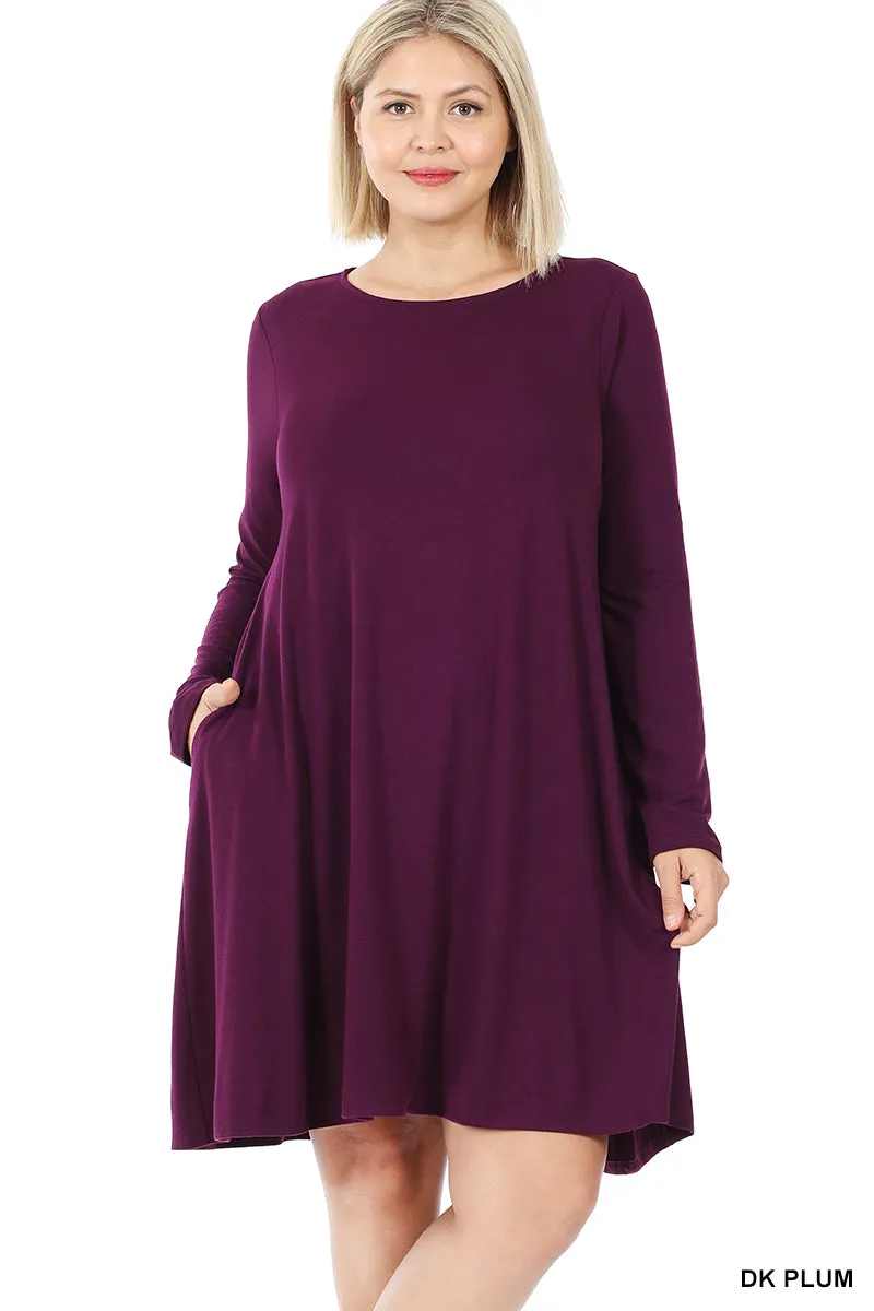 Plus Size Long Sleeve Jersey Flared Swing T-Shirt Tunic Dress with Side Pockets