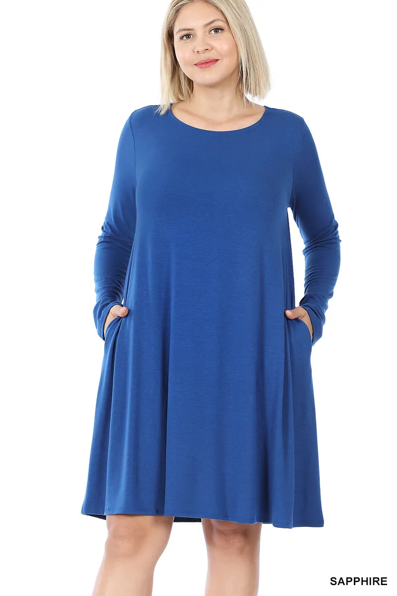 Plus Size Long Sleeve Jersey Flared Swing T-Shirt Tunic Dress with Side Pockets