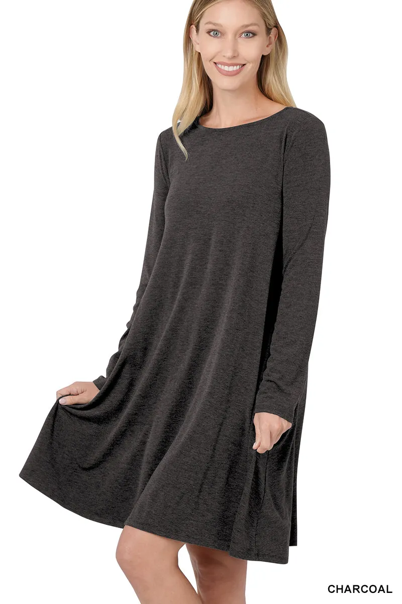 Plus Size Long Sleeve Jersey Flared Swing T-Shirt Tunic Dress with Side Pockets