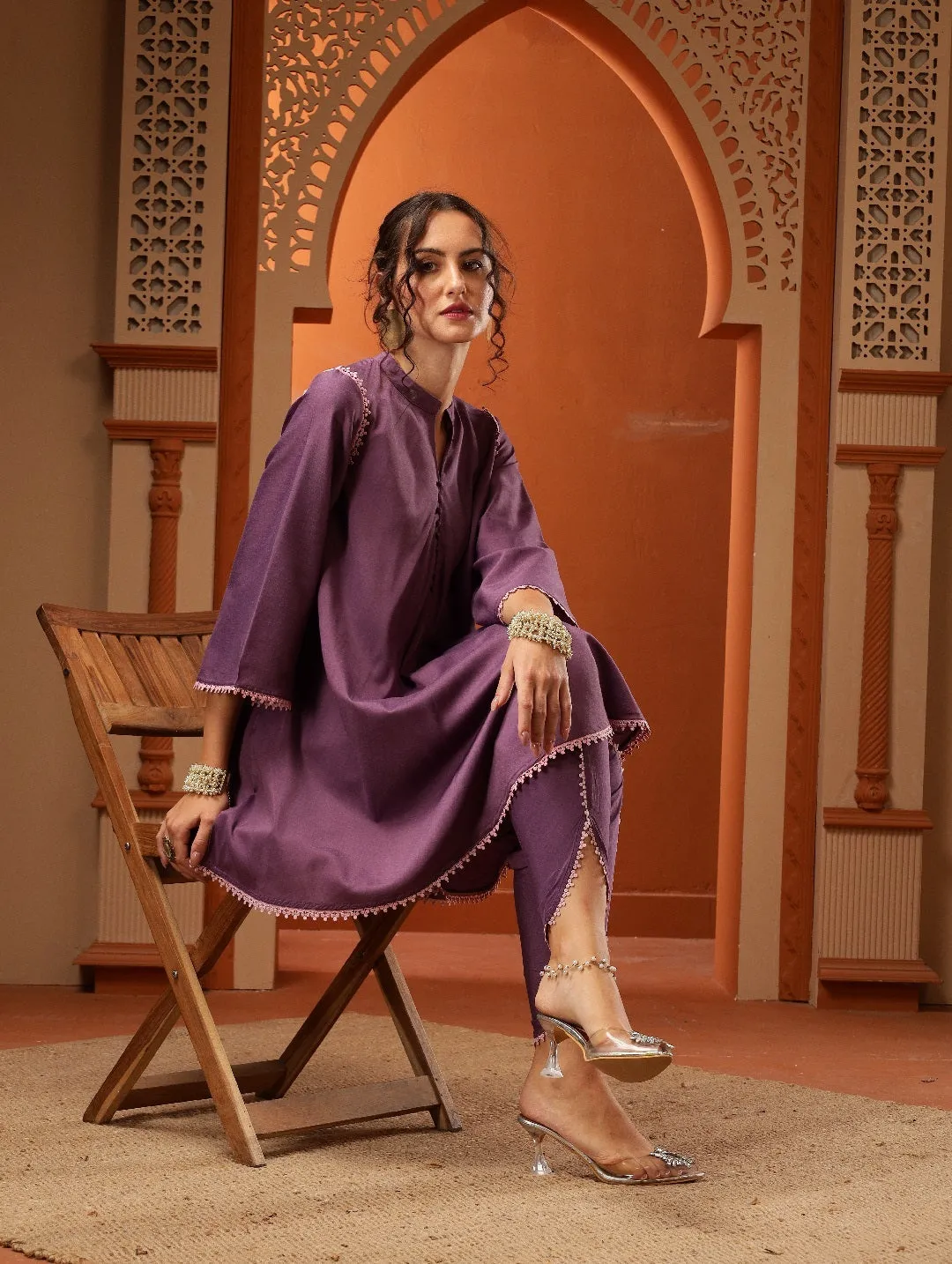 Purple Flard Sleeve Side Laces Coord Set Tunic & Trouser