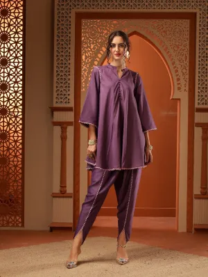 Purple Flard Sleeve Side Laces Coord Set Tunic & Trouser