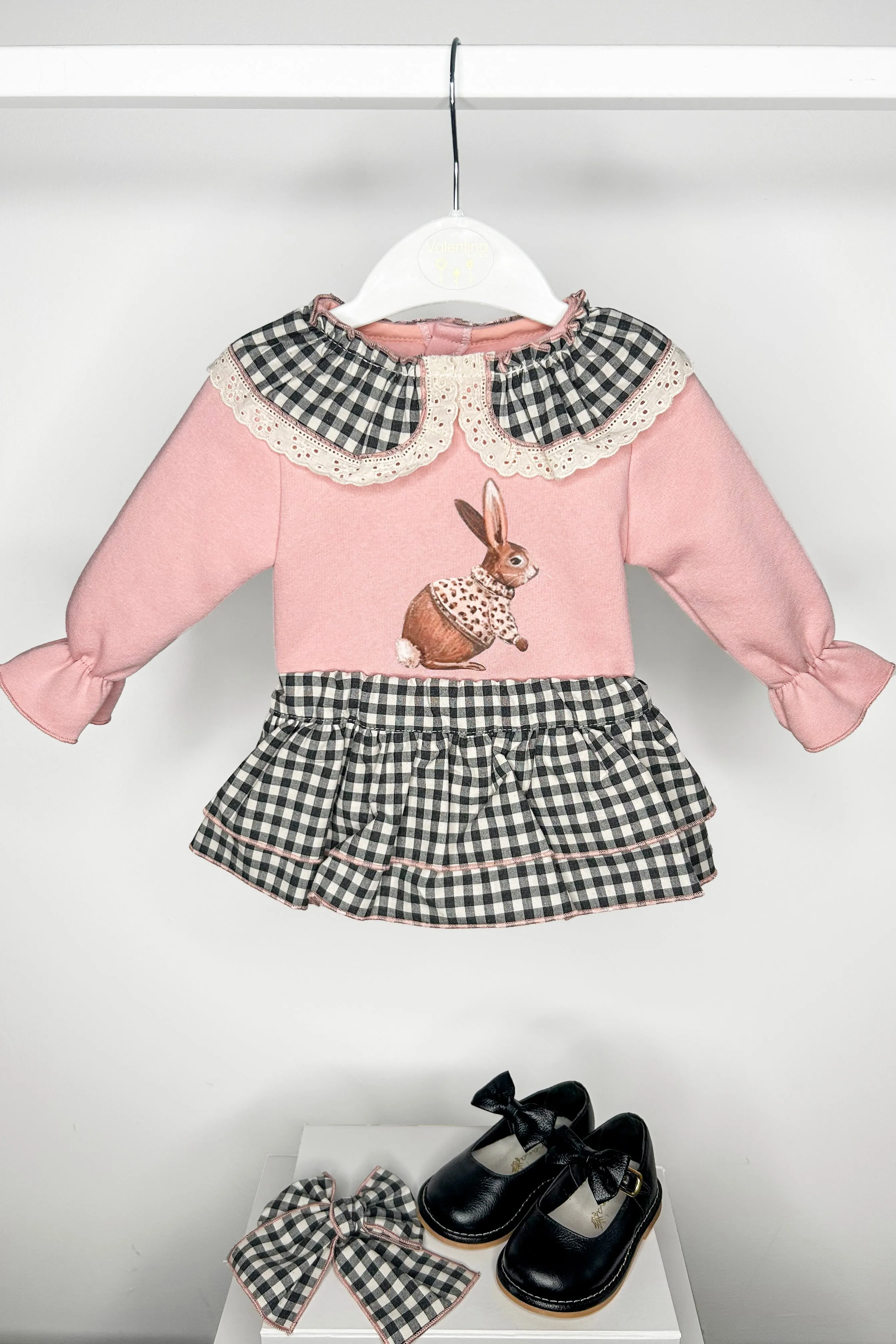 "Opal" Dusky Pink Bunny Sweatshirt & Black Gingham Skirt