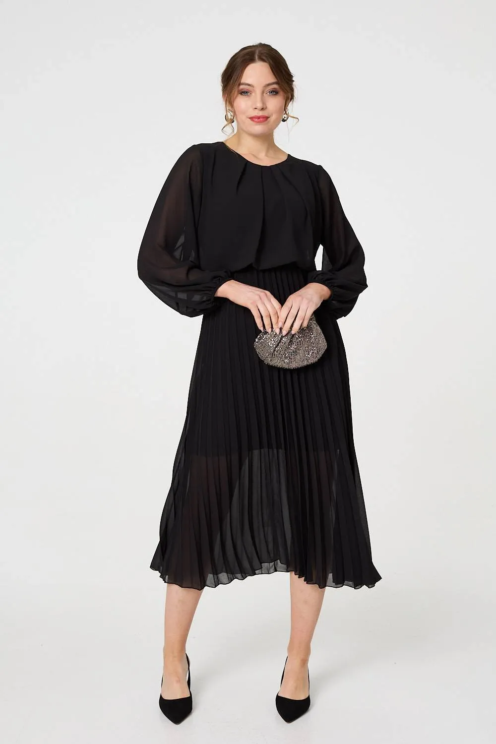 Semi Sheer Pleat Long Sleeve Midi Dress