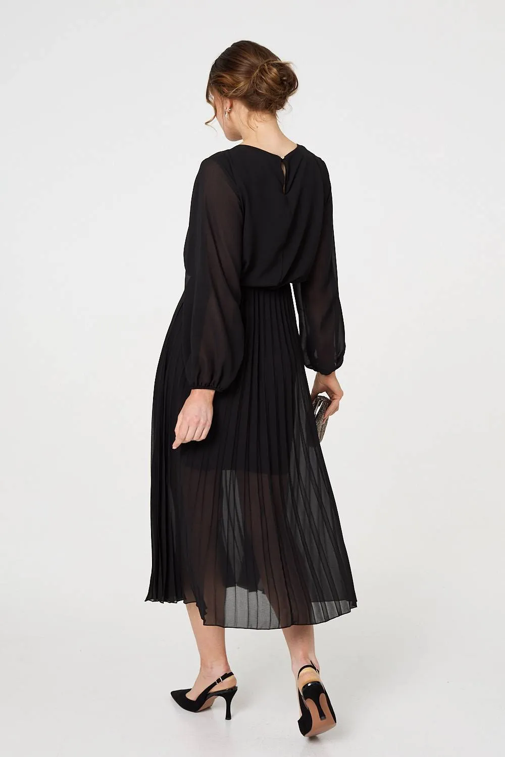 Semi Sheer Pleat Long Sleeve Midi Dress