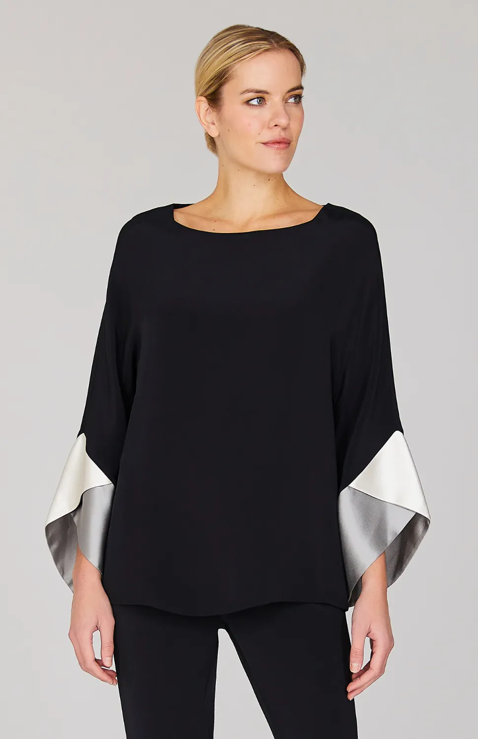 Silk Tunic w/Contrast Satin Color Block Sleeves