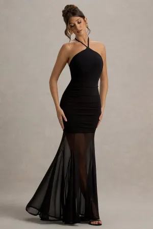 Sonya | Black Halter-Neck Maxi Dress With Mesh Skirt