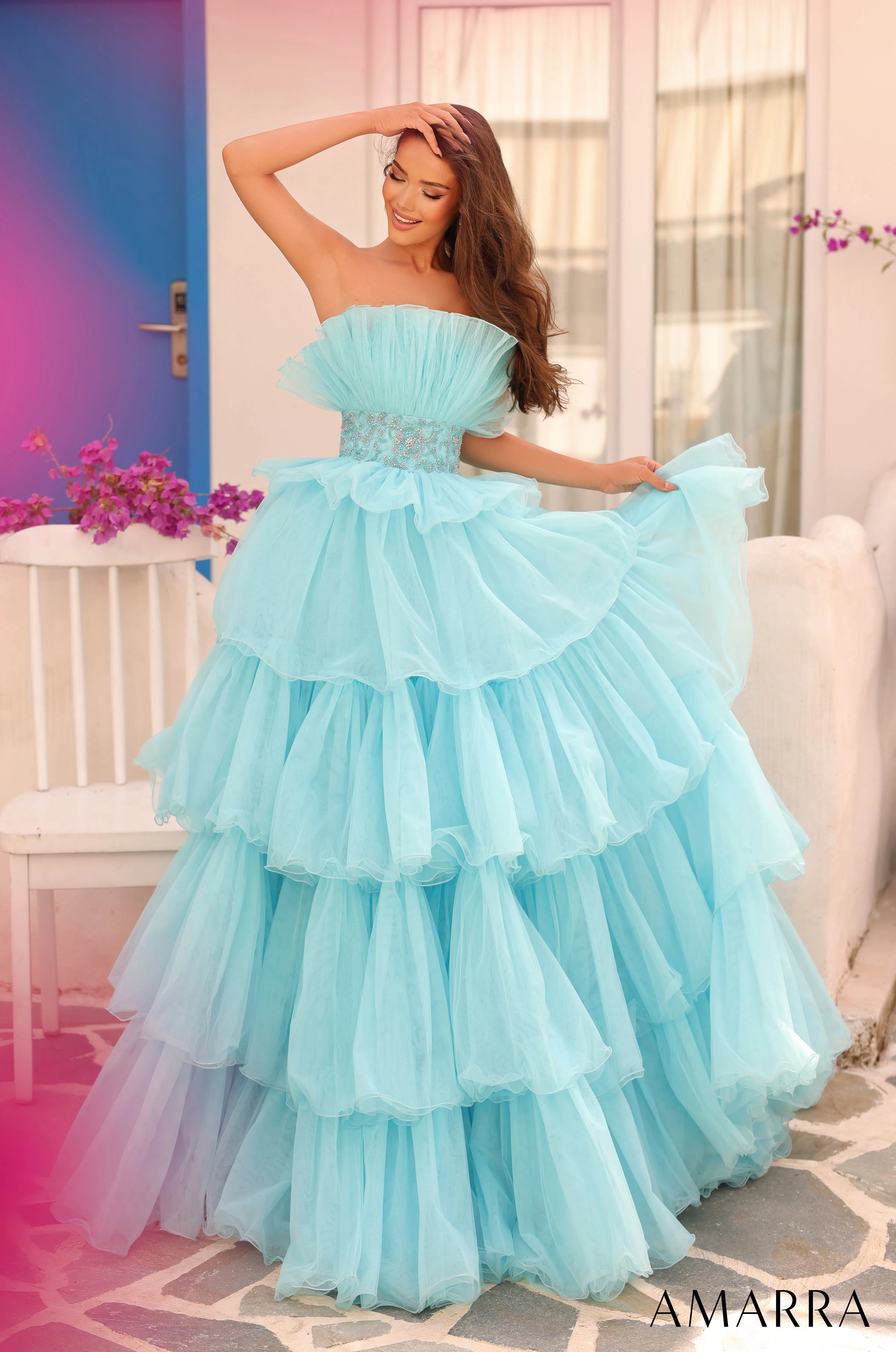 Strapless A-line Ruffled Tulle Gown by Amarra 88083