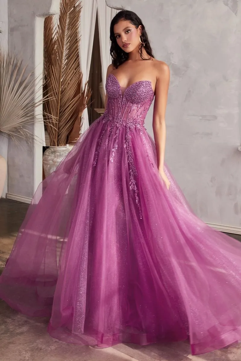 Strapless Layered Tulle Side Slit Sheer Bodice Long Prom Dress CDCD0230