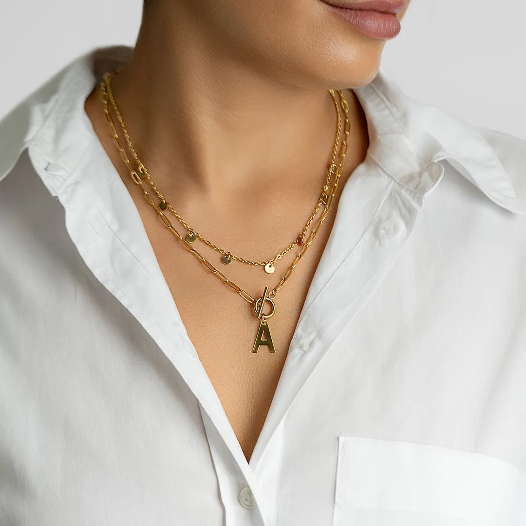 Tarnish Resistant 14k Gold Plated Confetti And Paperclip Layered Initial Toggle Necklace