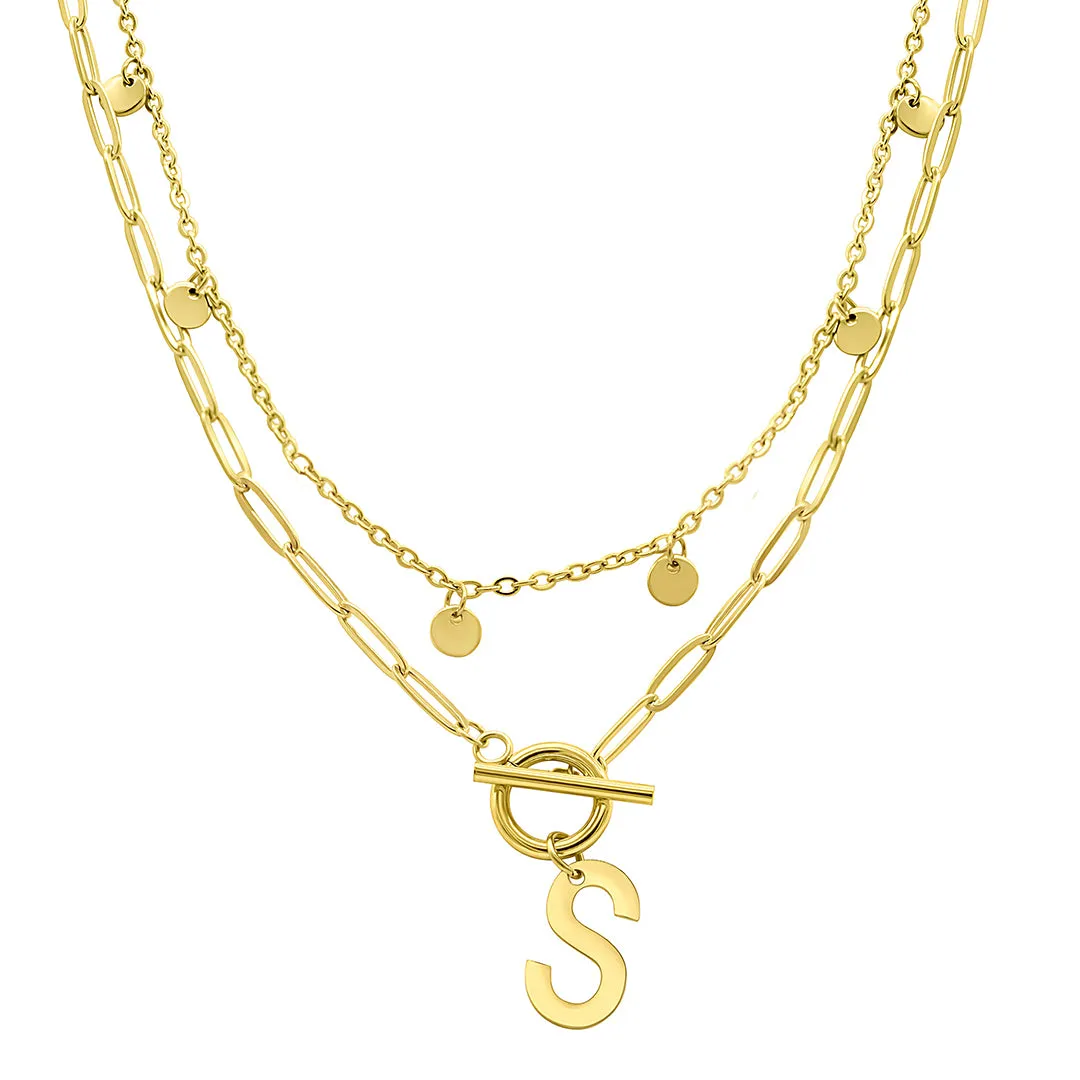 Tarnish Resistant 14k Gold Plated Confetti And Paperclip Layered Initial Toggle Necklace