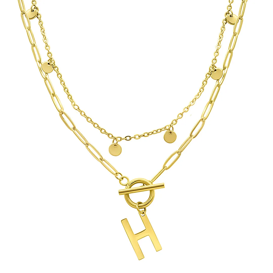 Tarnish Resistant 14k Gold Plated Confetti And Paperclip Layered Initial Toggle Necklace