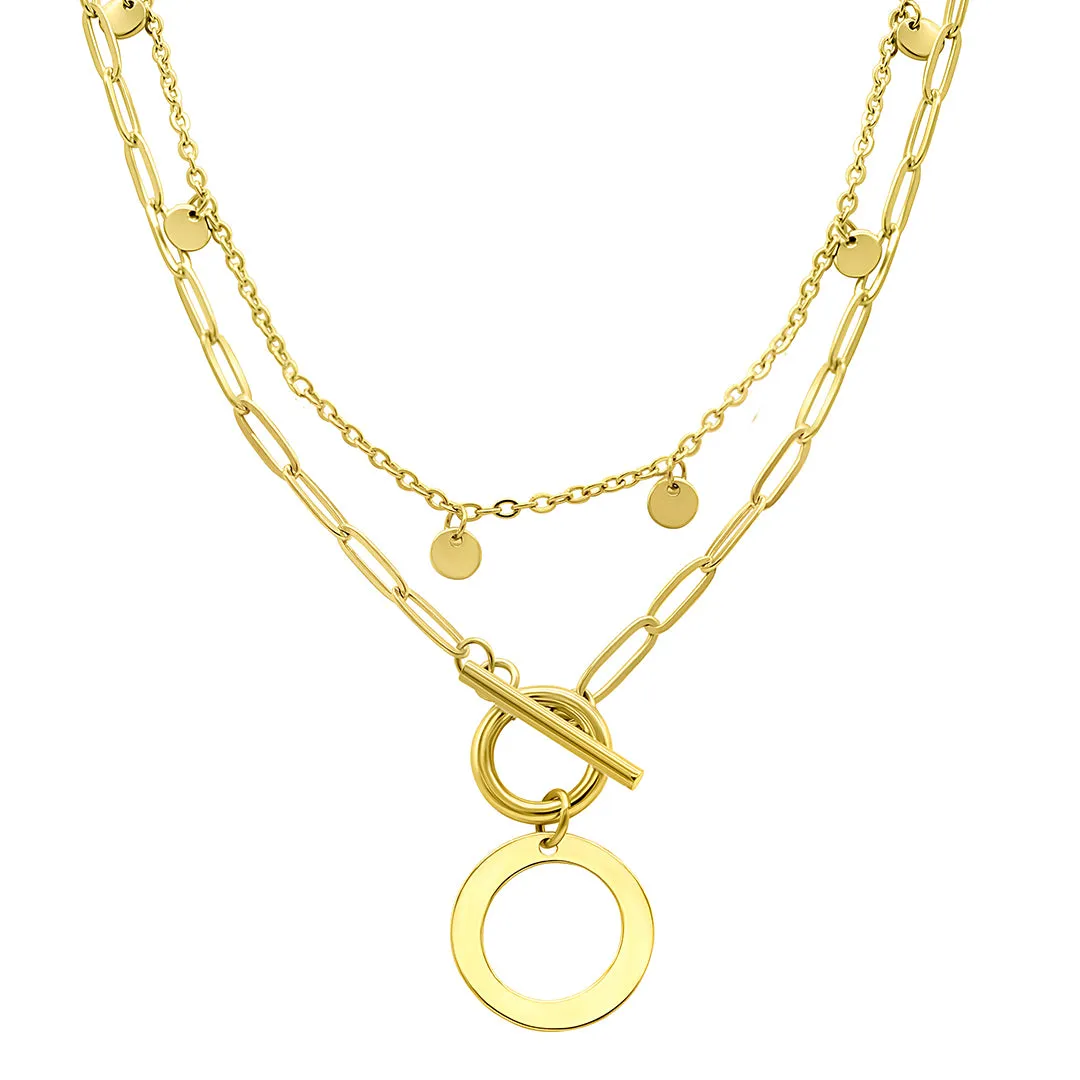 Tarnish Resistant 14k Gold Plated Confetti And Paperclip Layered Initial Toggle Necklace