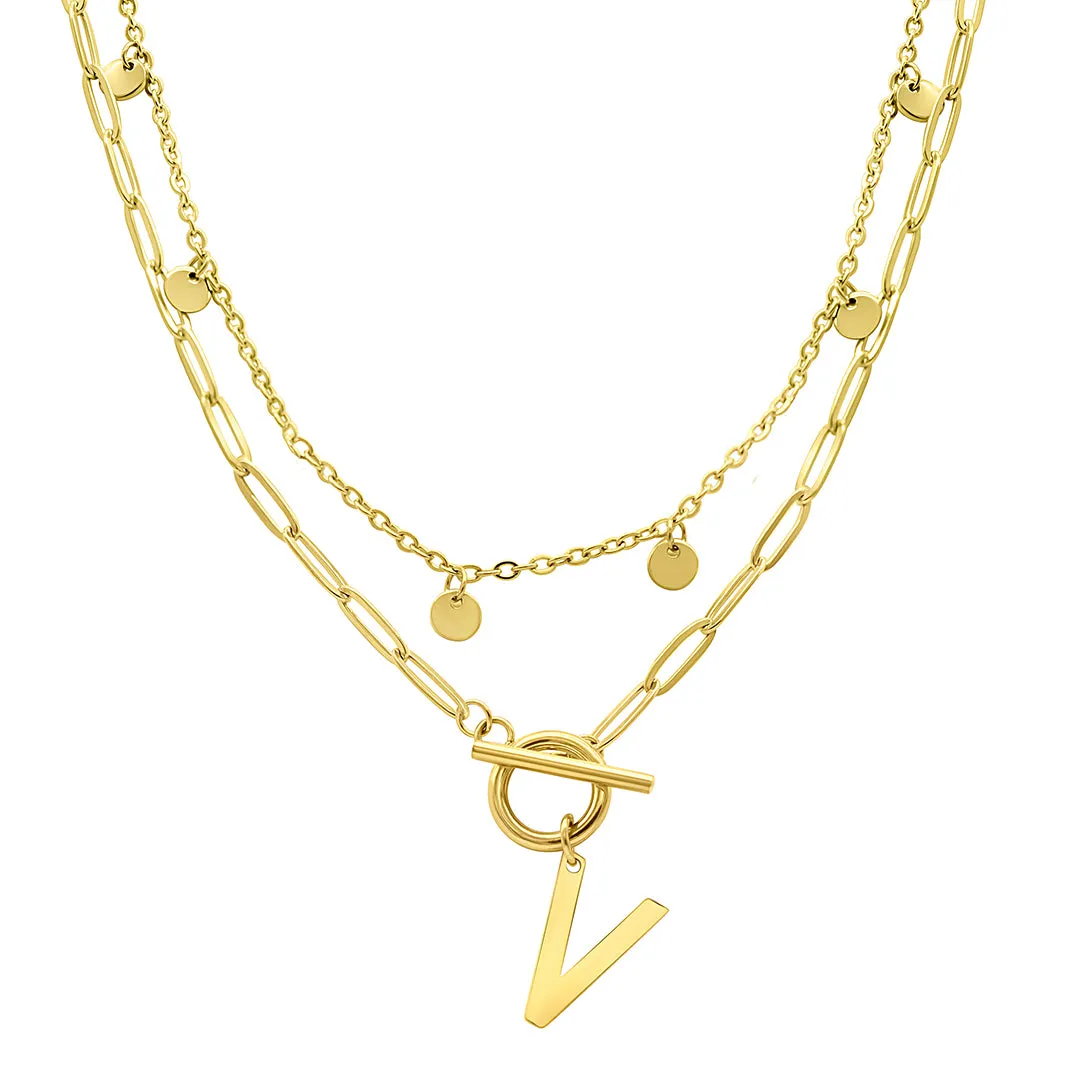 Tarnish Resistant 14k Gold Plated Confetti And Paperclip Layered Initial Toggle Necklace