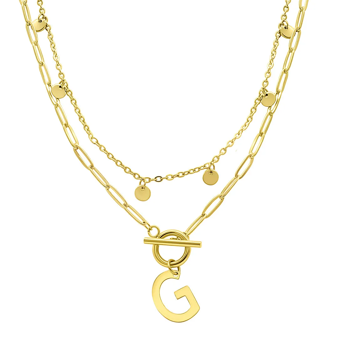 Tarnish Resistant 14k Gold Plated Confetti And Paperclip Layered Initial Toggle Necklace