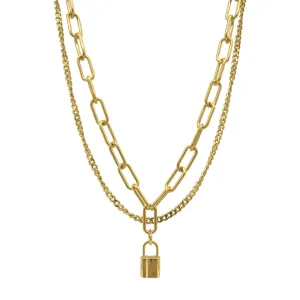 Tarnish Resistant 14k Gold Plated Layered Curb and Paper Clip Chain Lock Necklace