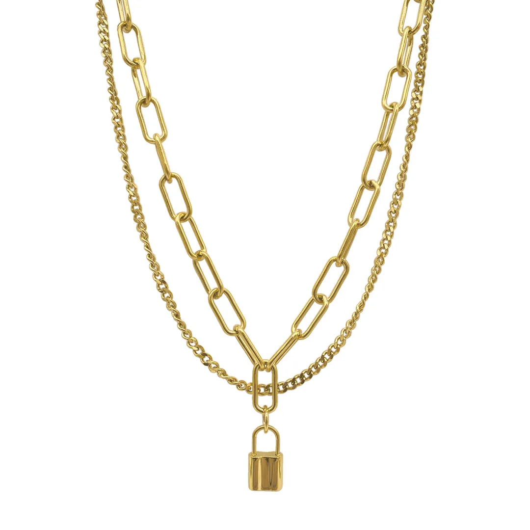 Tarnish Resistant 14k Gold Plated Layered Curb and Paper Clip Chain Lock Necklace