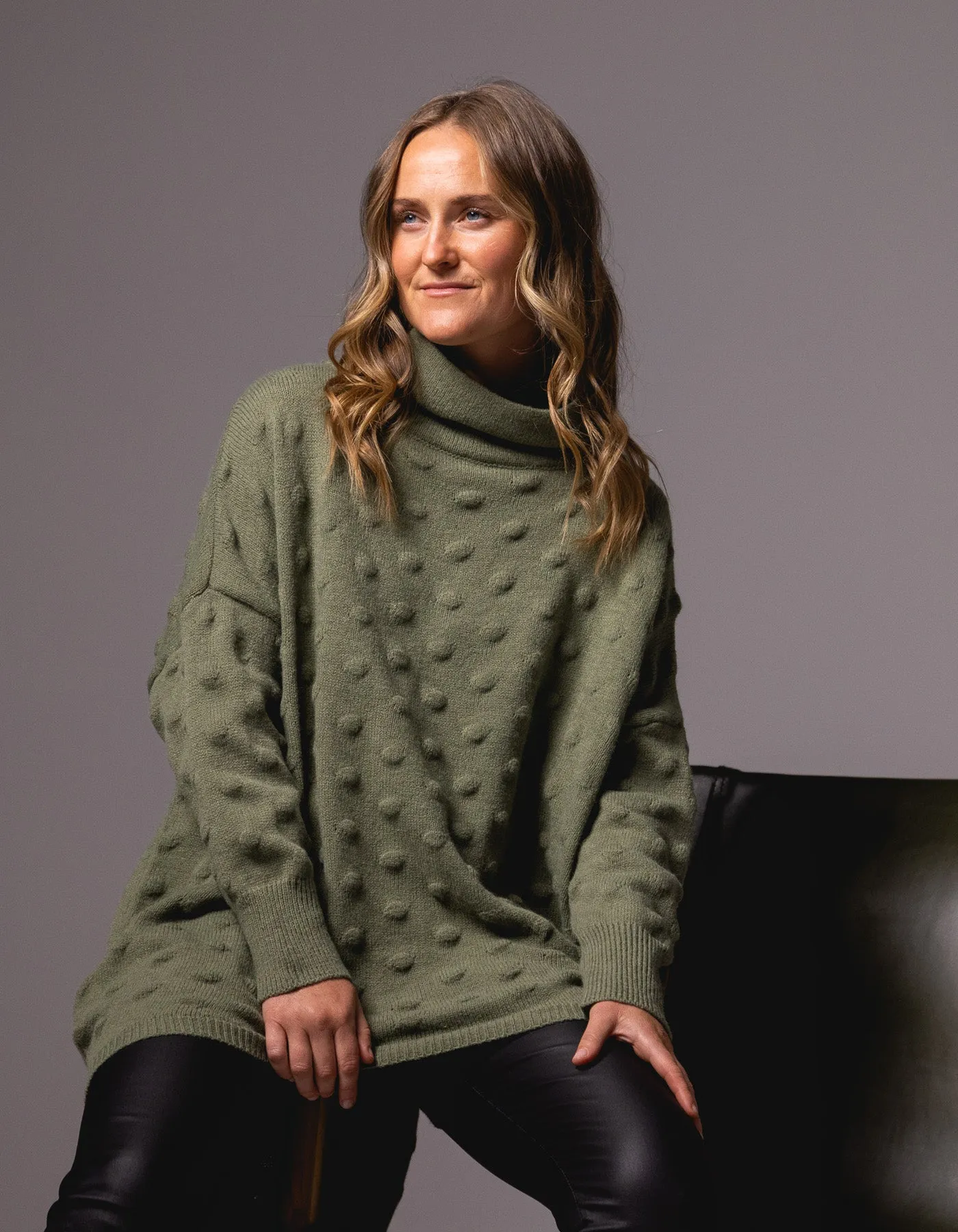 Theo Oversize Bubble Knit Jumper in Olive