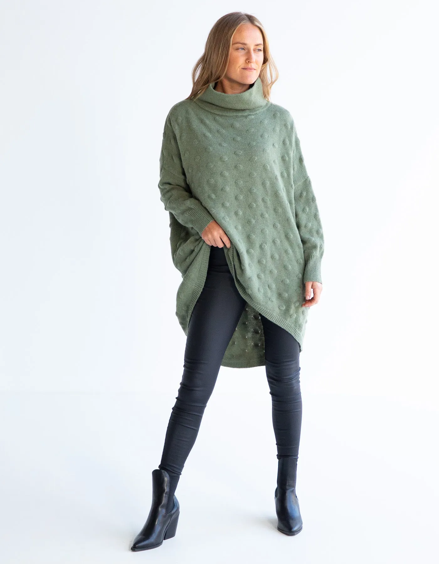 Theo Oversize Bubble Knit Jumper in Olive