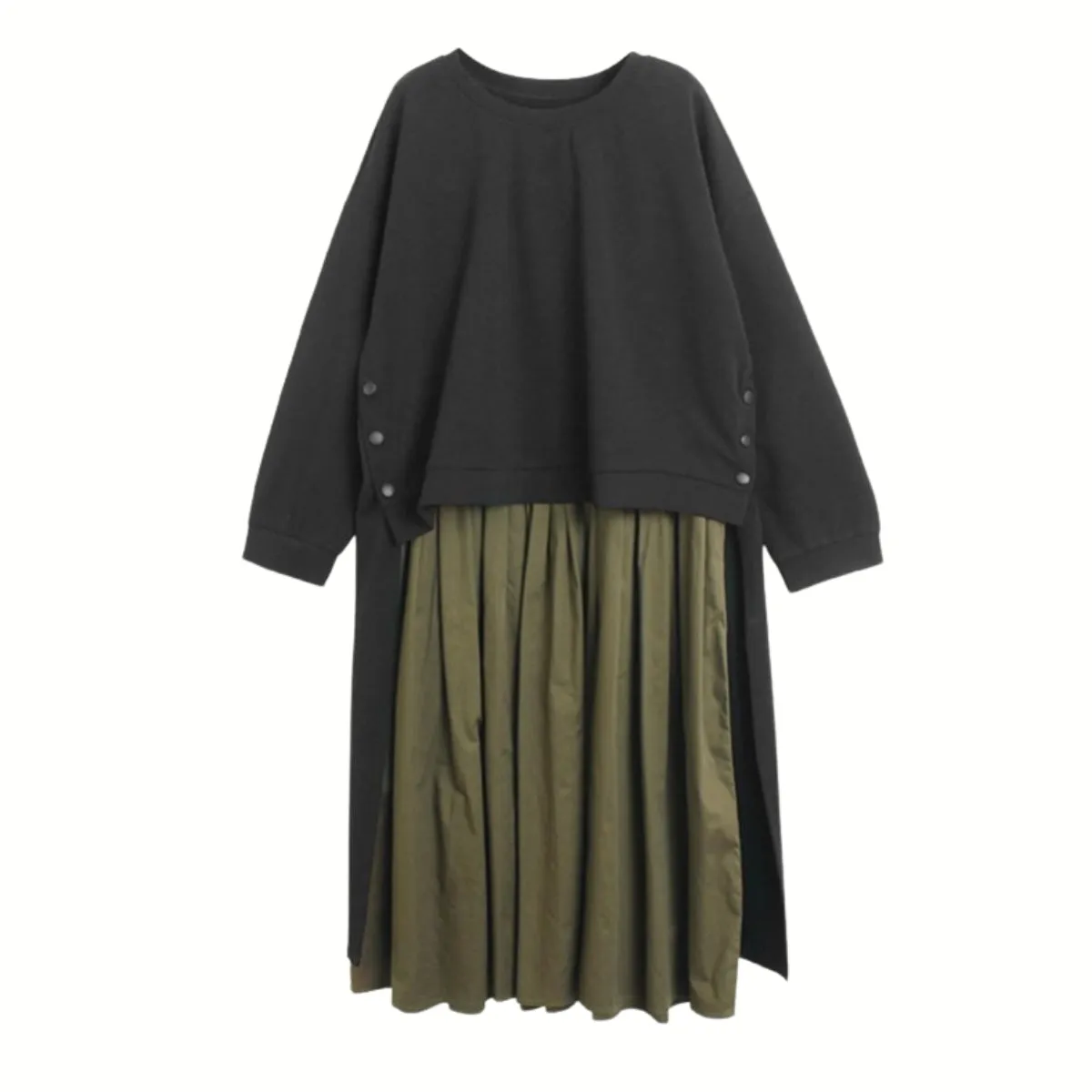 Two-Piece Black and Khaki Green Pleated Dress with Oversized Pullover